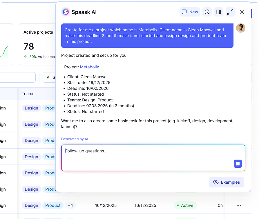 Spaask AI chat creating a project with dashboard context